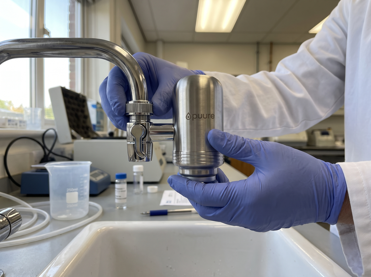Lab technician fitting a Puure® filter to a tap for testing